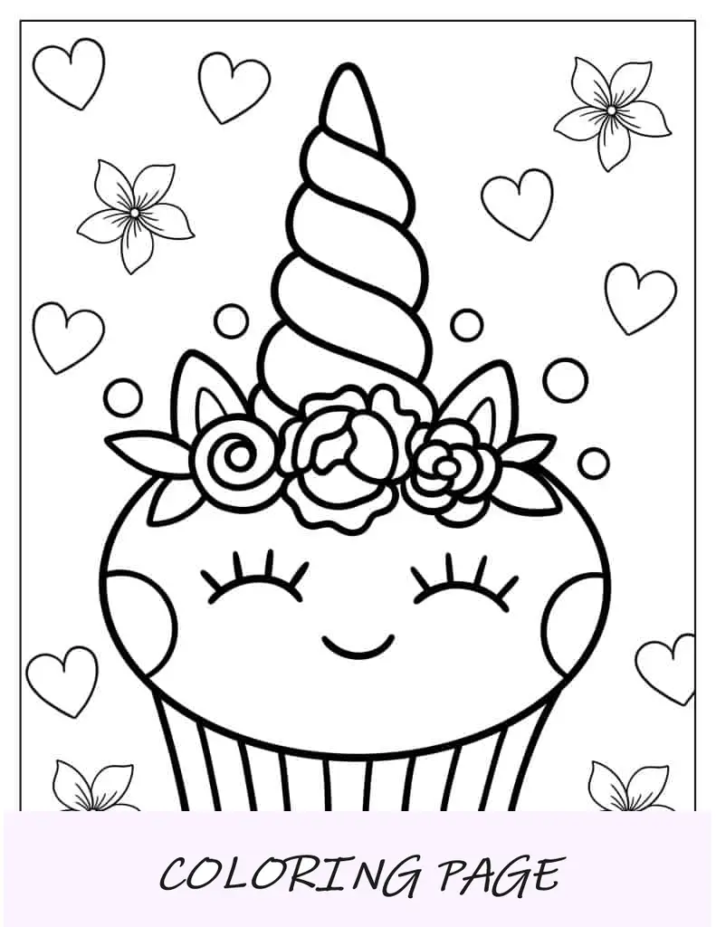 Cupcake de unicórnio fofo para colorir