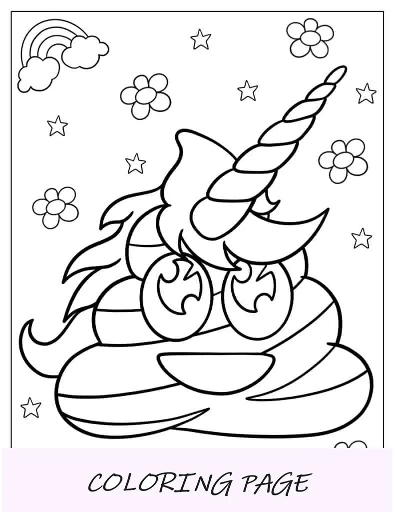 Folha para colorir engraçada de cocô de unicórnio