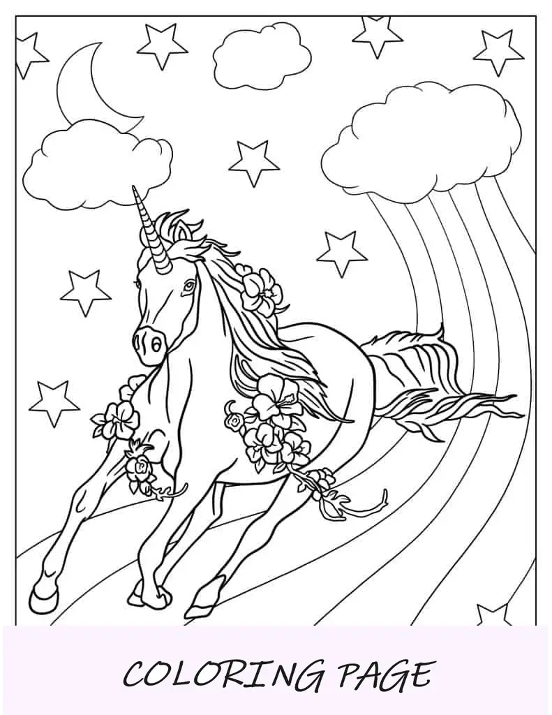 Unicórnio galopante no arco-íris para colorir para adultos