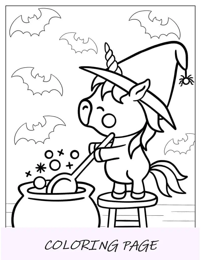 Unicórnio de Halloween com caldeirão de bruxa para colorir