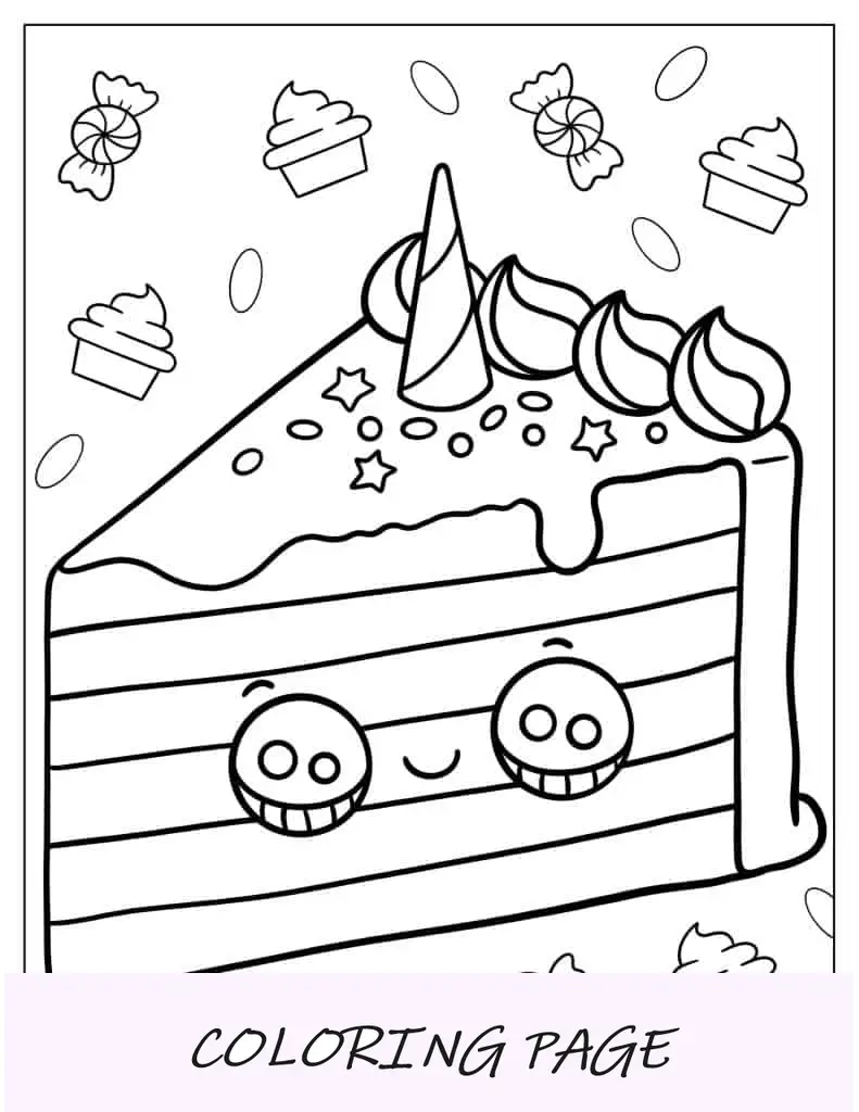 Página para colorir de bolo de unicórnio com tema Kawaii