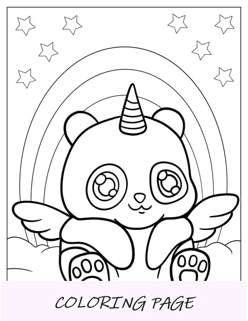 Folha para colorir Panda Unicórnio Kawaii
