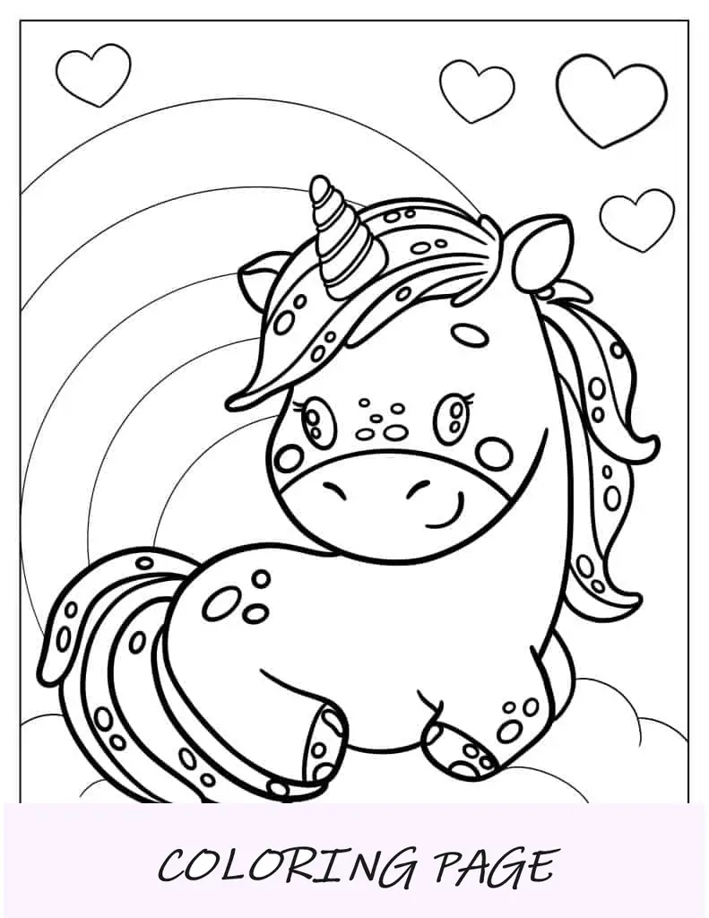 Unicórnio Kawaii sentado no arco-íris para colorir