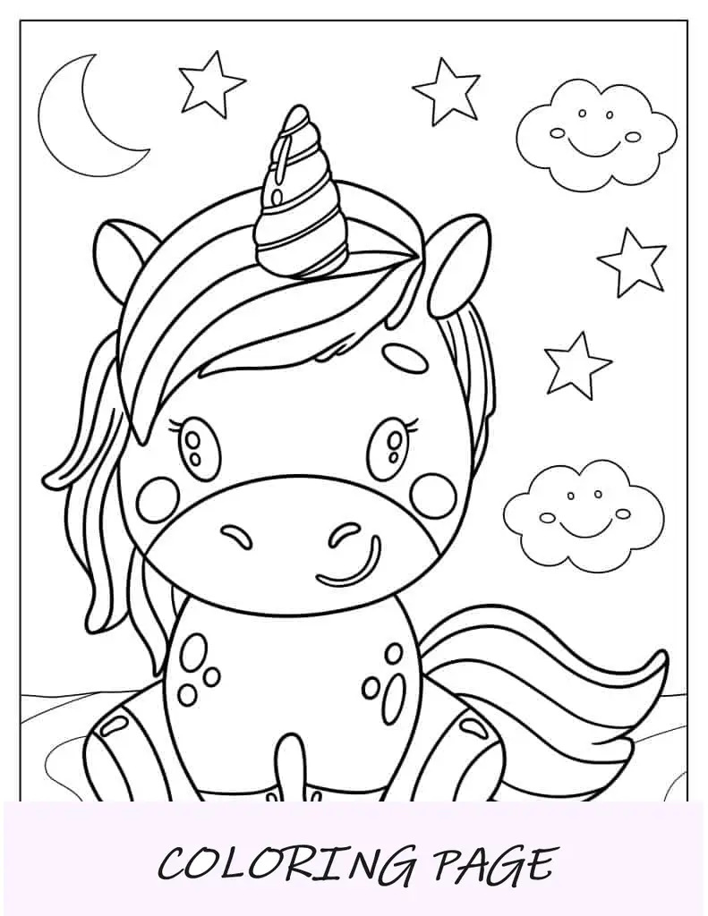 Unicórnio adorável com lua e estrelas