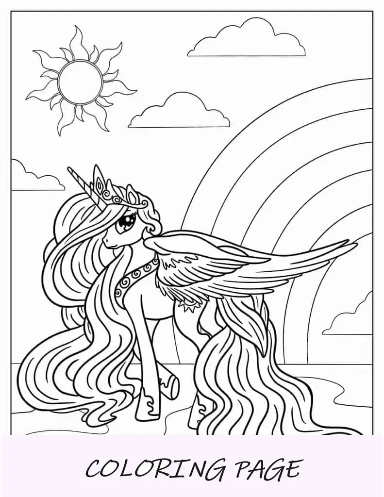 Página para colorir de princesa unicórnio mágico com asas