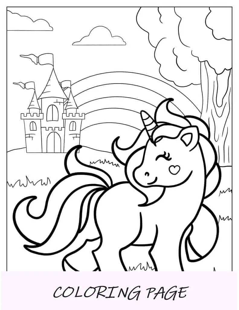 Unicórnio mágico com castelo para colorir