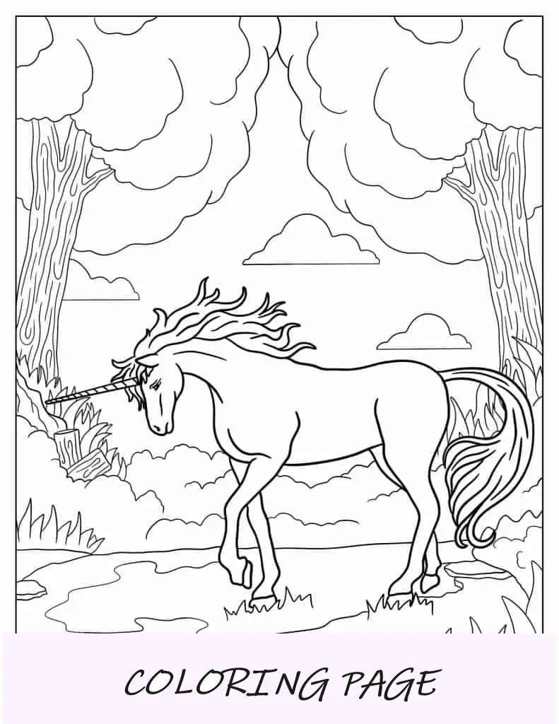 Página para colorir de unicórnio mítico na floresta