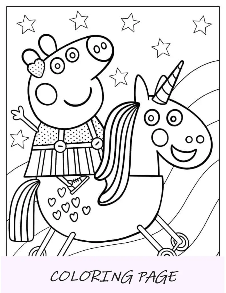 Página para colorir Peppa Pig e unicórnio