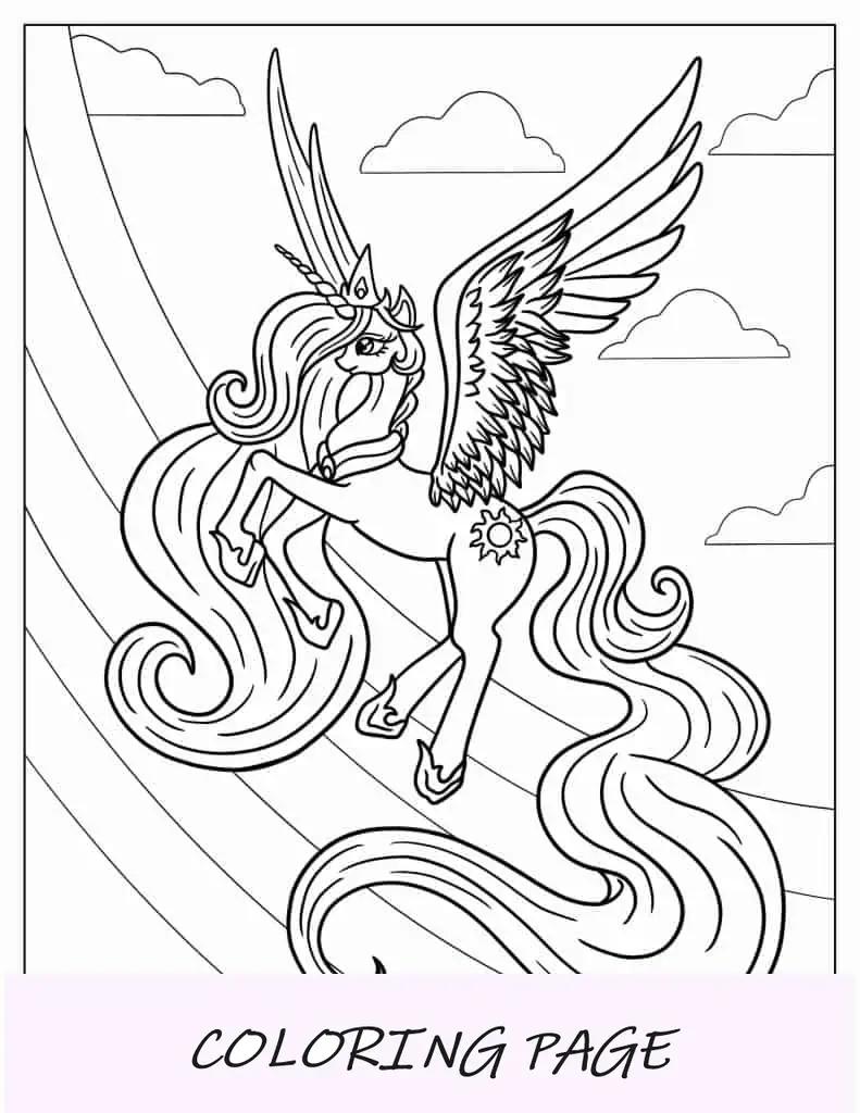 Página para colorir princesa unicórnio