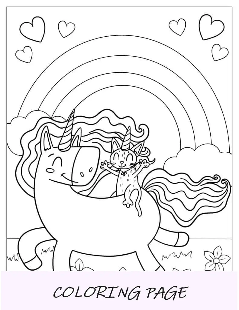 Gato montando um unicórnio com um arco-íris para colorir