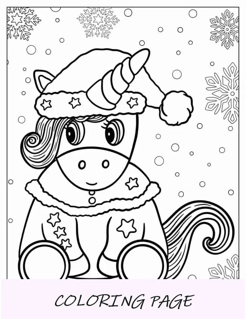Unicórnio com tema de Natal com chapéu de Papai Noel para colorir