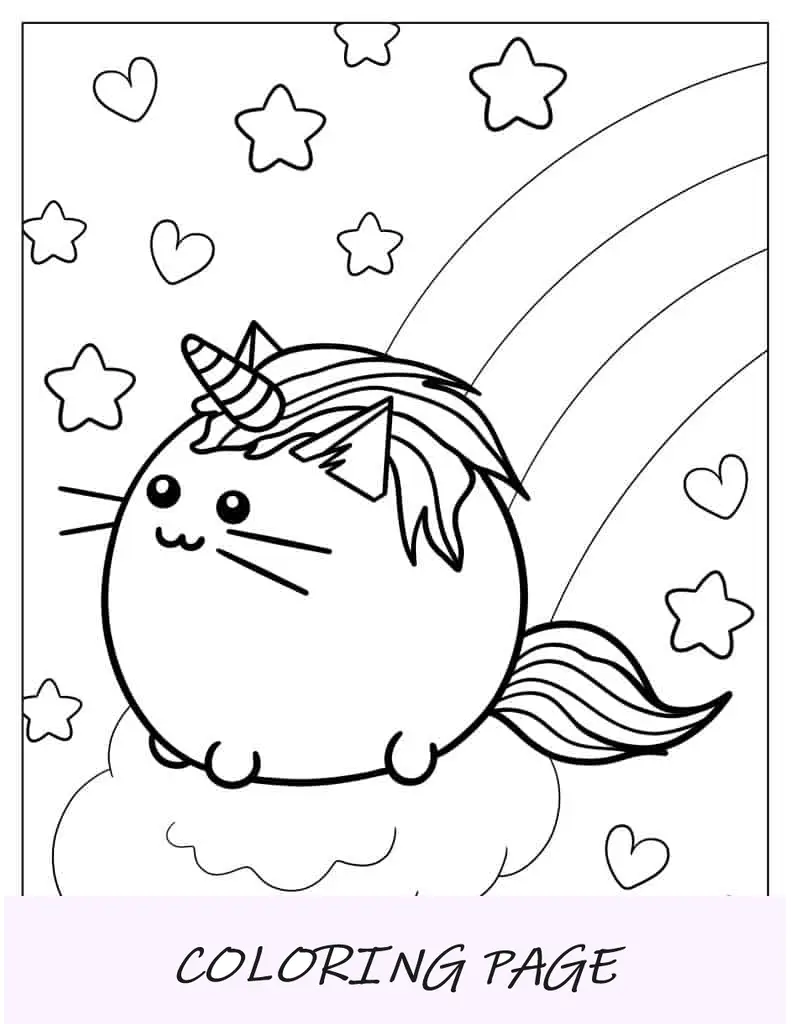 Página para colorir de unicórnio Pusheen em arco-íris
