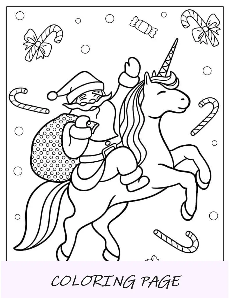 Desenho de Papai Noel montando um unicórnio para colorir