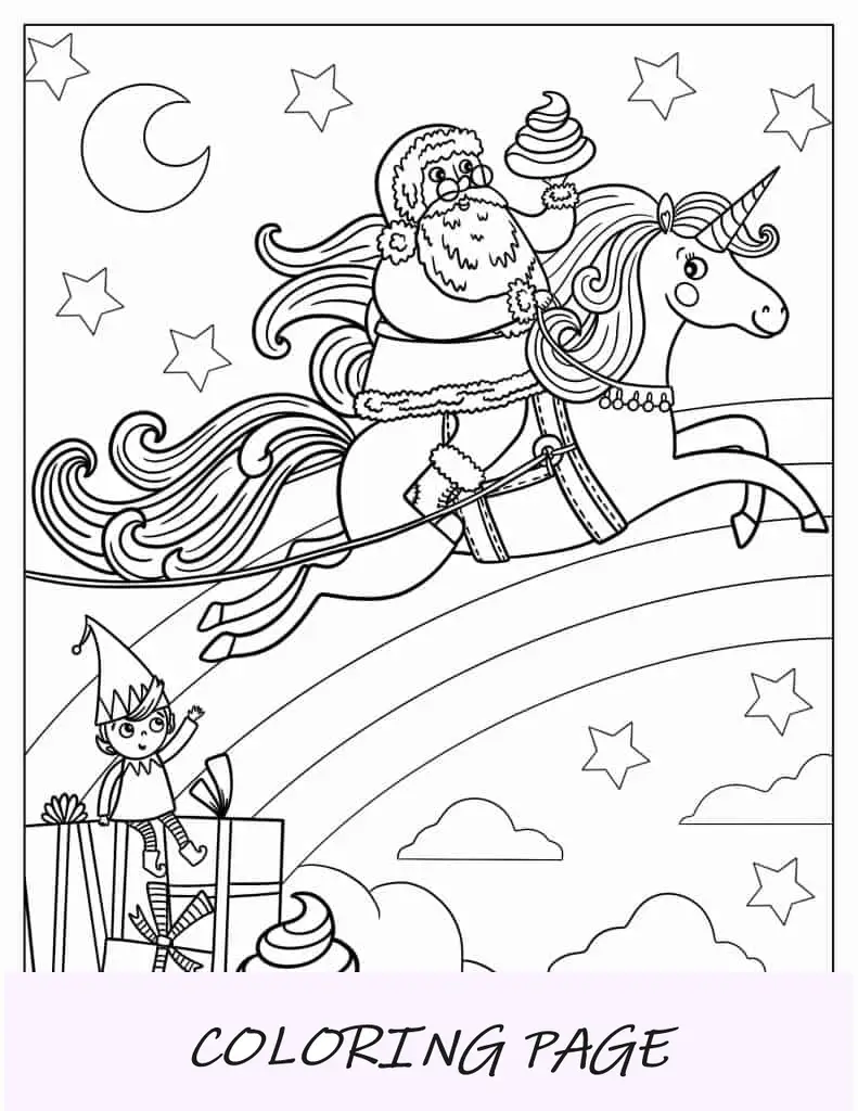 Desenho de Papai Noel montando um unicórnio com um elfo para colorir
