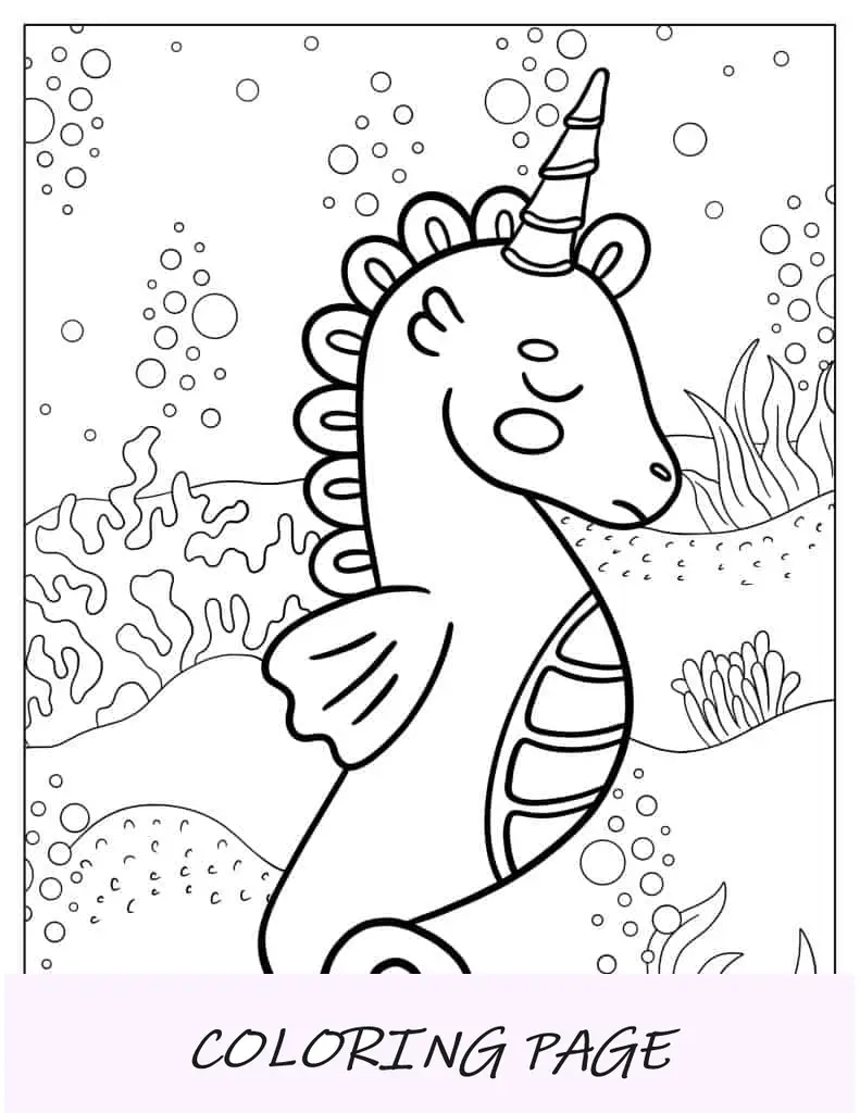 Página para colorir de cavalo marinho de unicórnio fofo para crianças