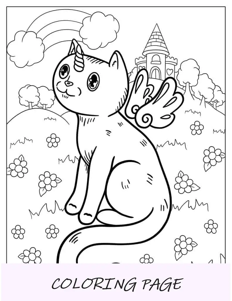 Página para colorir de um gato unicórnio
