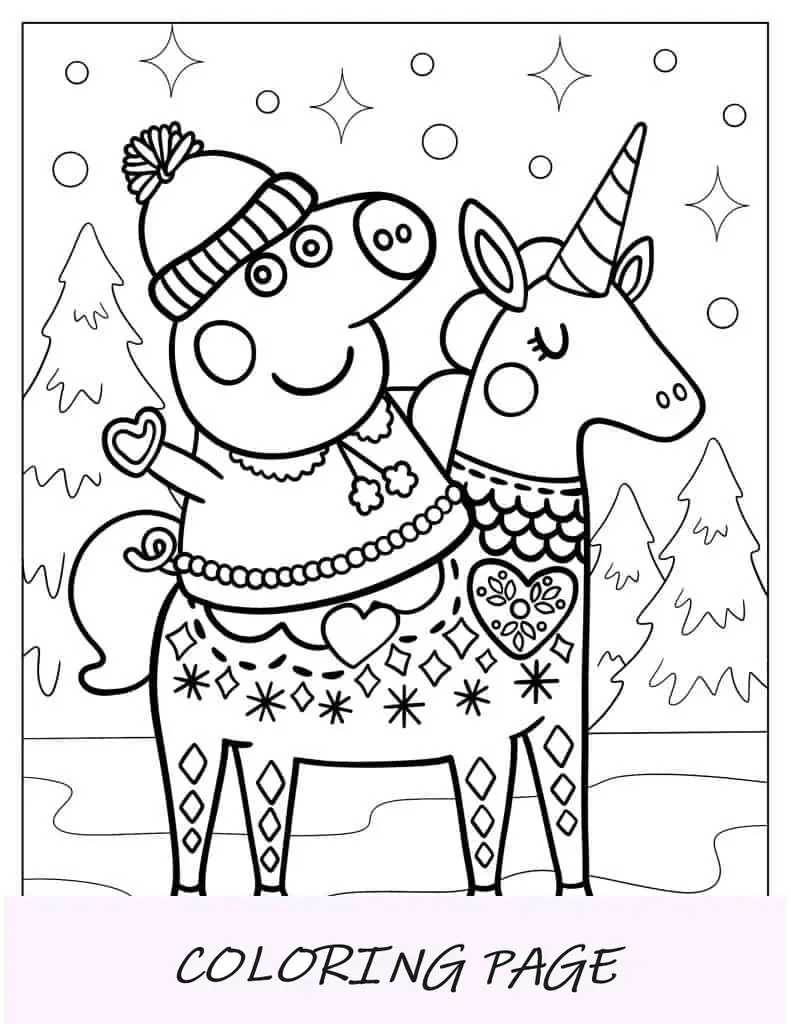 Página para colorir Peppa Pig e um unicórnio