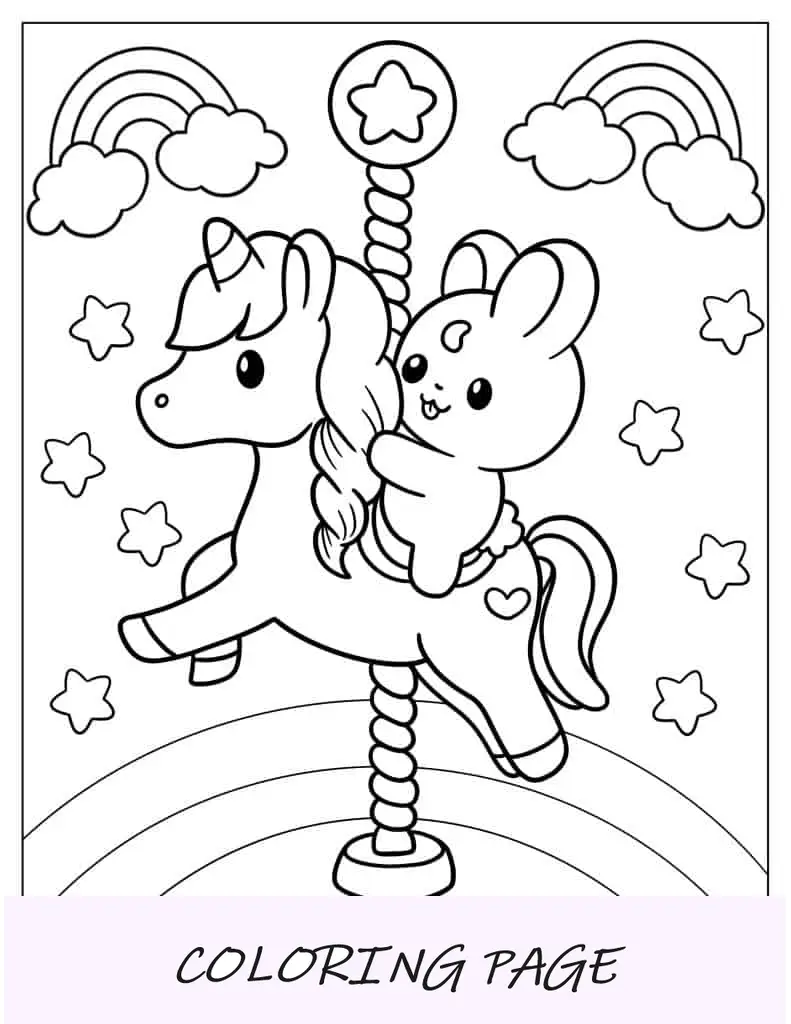 Coelhinho e unicórnio super fofos em um passeio de circo