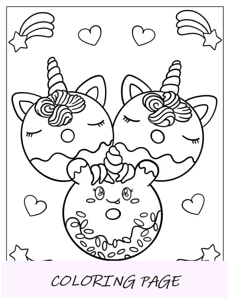 Três lindos donuts de unicórnio Kawaii para colorir