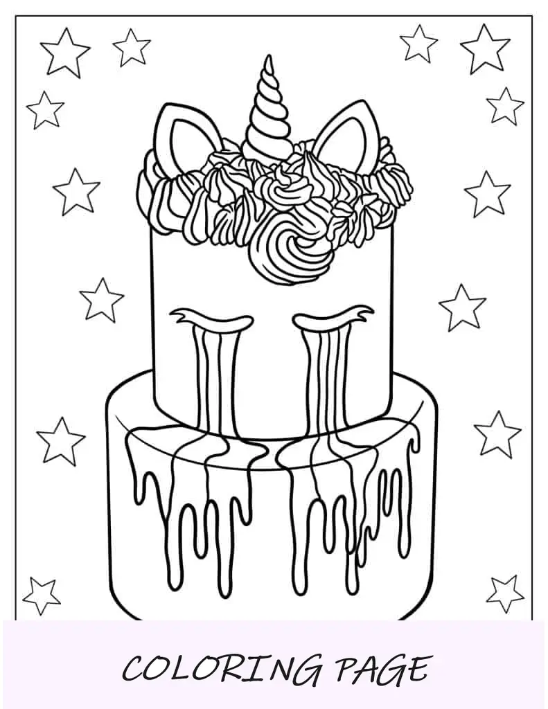 Página para colorir de bolo de unicórnio