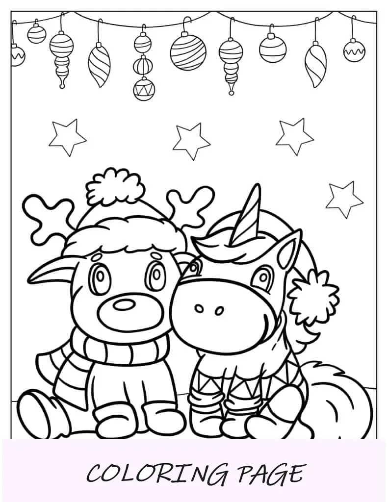 Unicórnio de Natal com uma rena para colorir