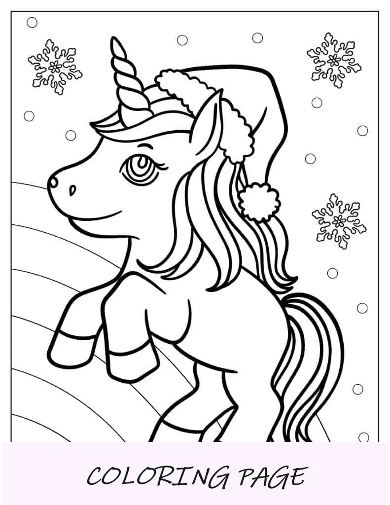 Página para colorir de um unicórnio de Natal