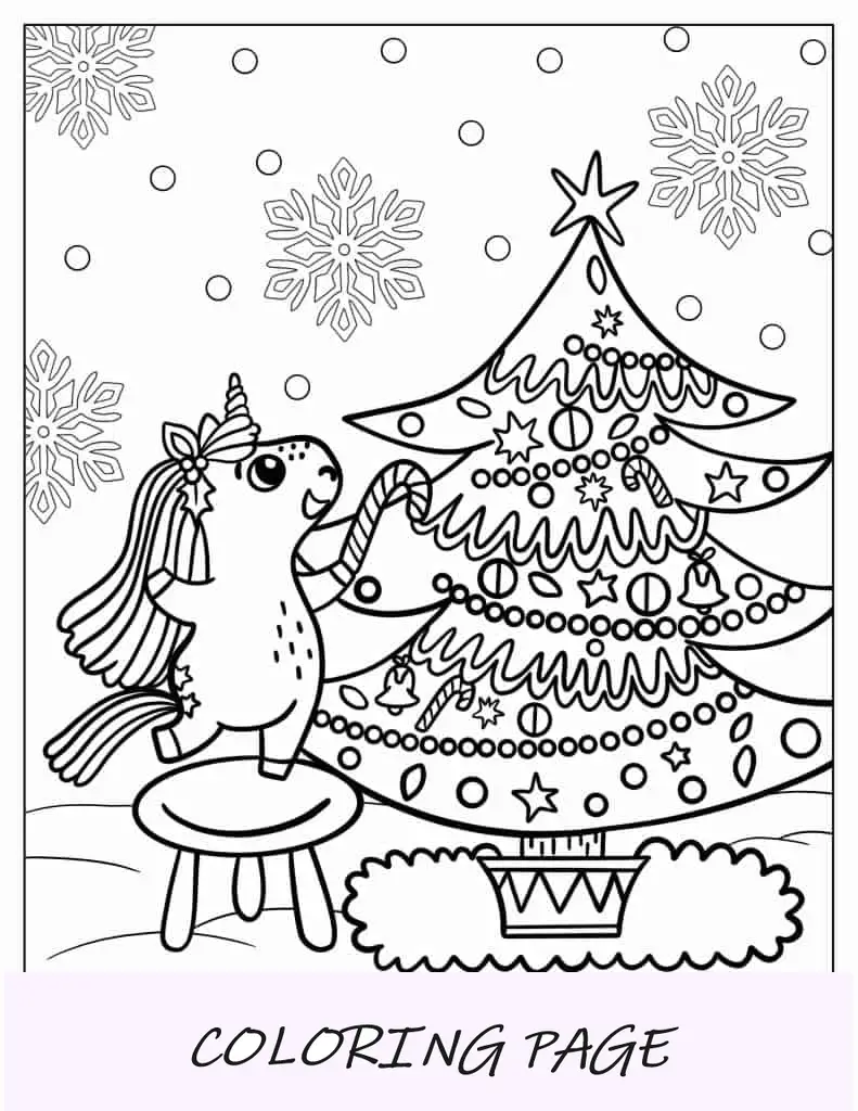 Página para colorir de unicórnio decorando uma árvore de Natal