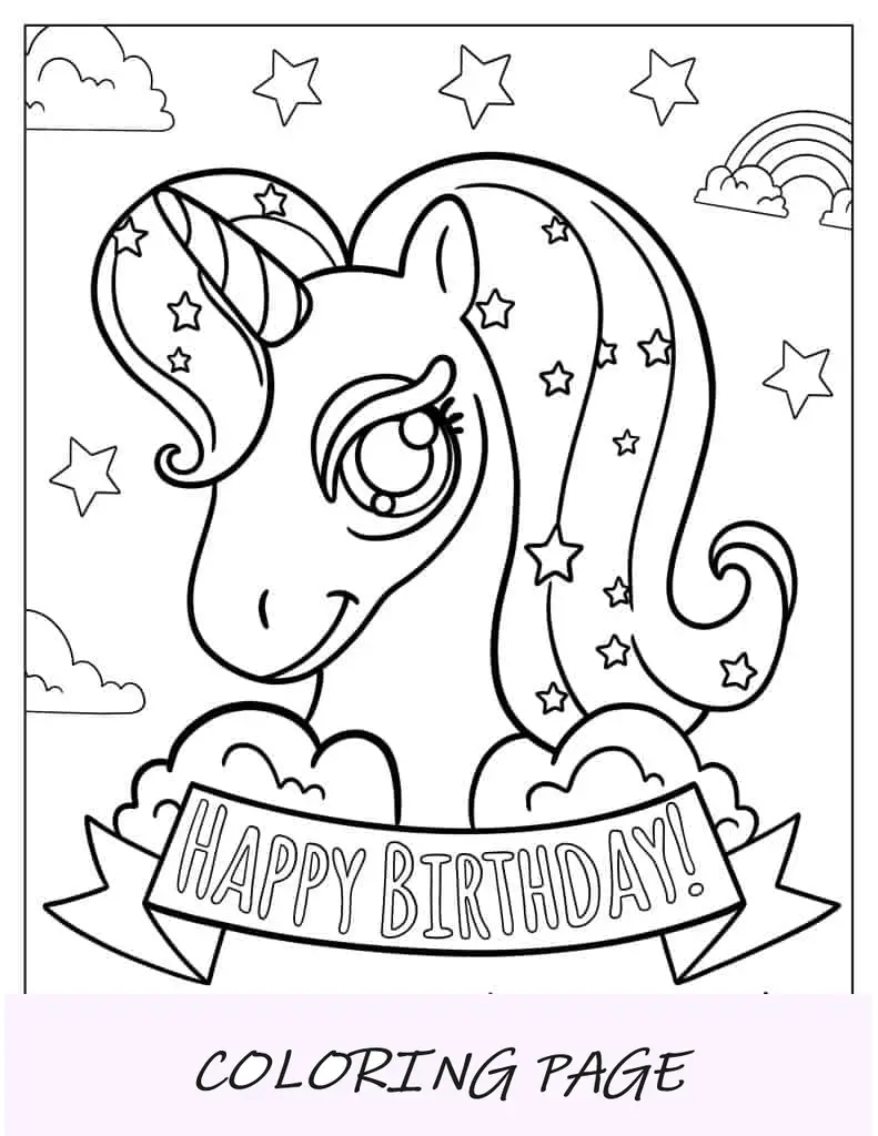 Página para colorir de feliz aniversário de unicórnio