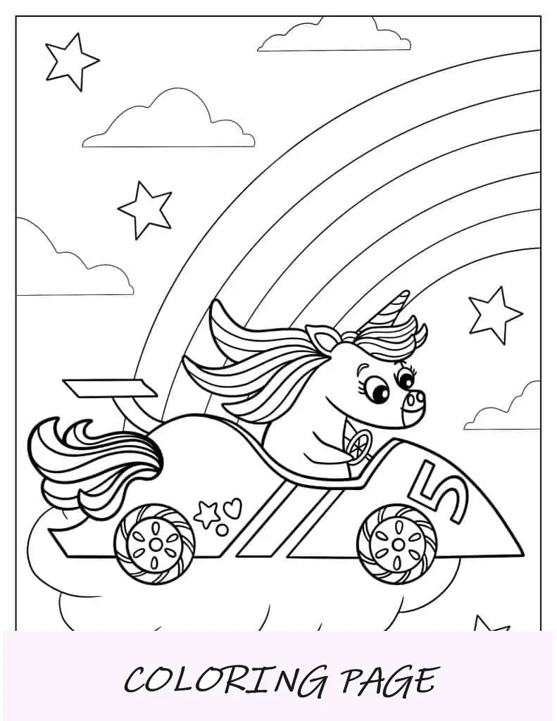 Folha para colorir Unicórnio em um carro de corrida