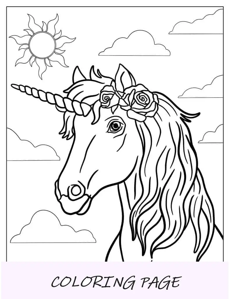 Folha para colorir de cabeça de unicórnio encantado