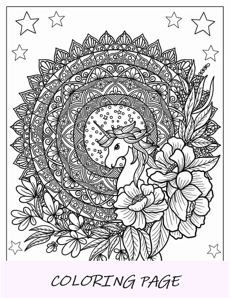 Página para colorir de mandala de unicórnio para adultos