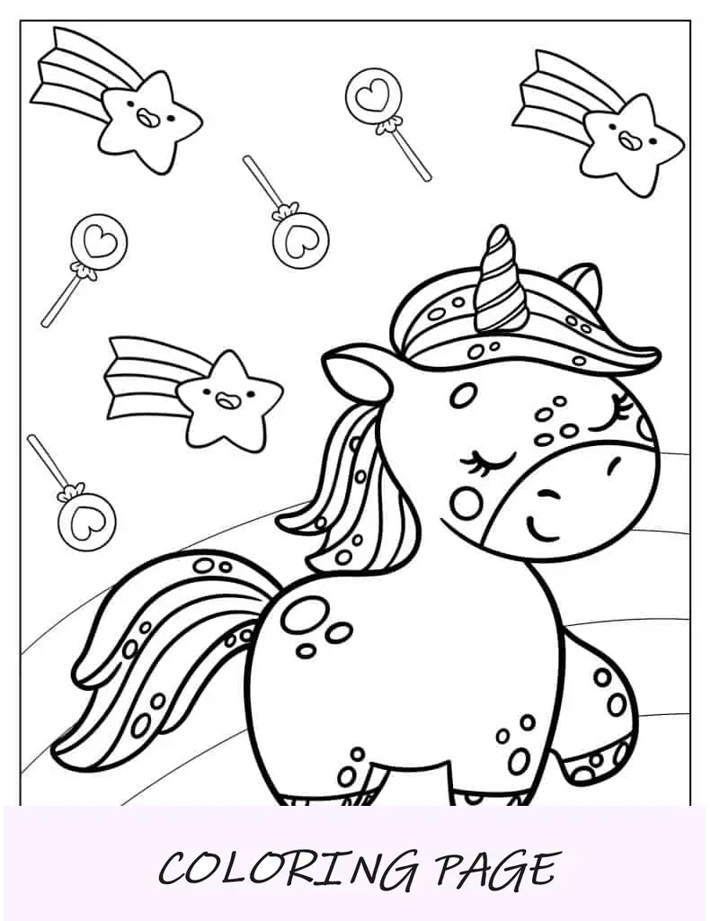 Unicórnio no arco-íris com estrelas e doces