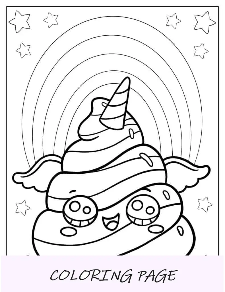 Emoji de cocô de unicórnio com arco-íris para colorir