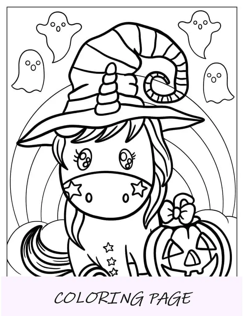 Unicórnio usando chapéu de bruxa para colorir no Halloween