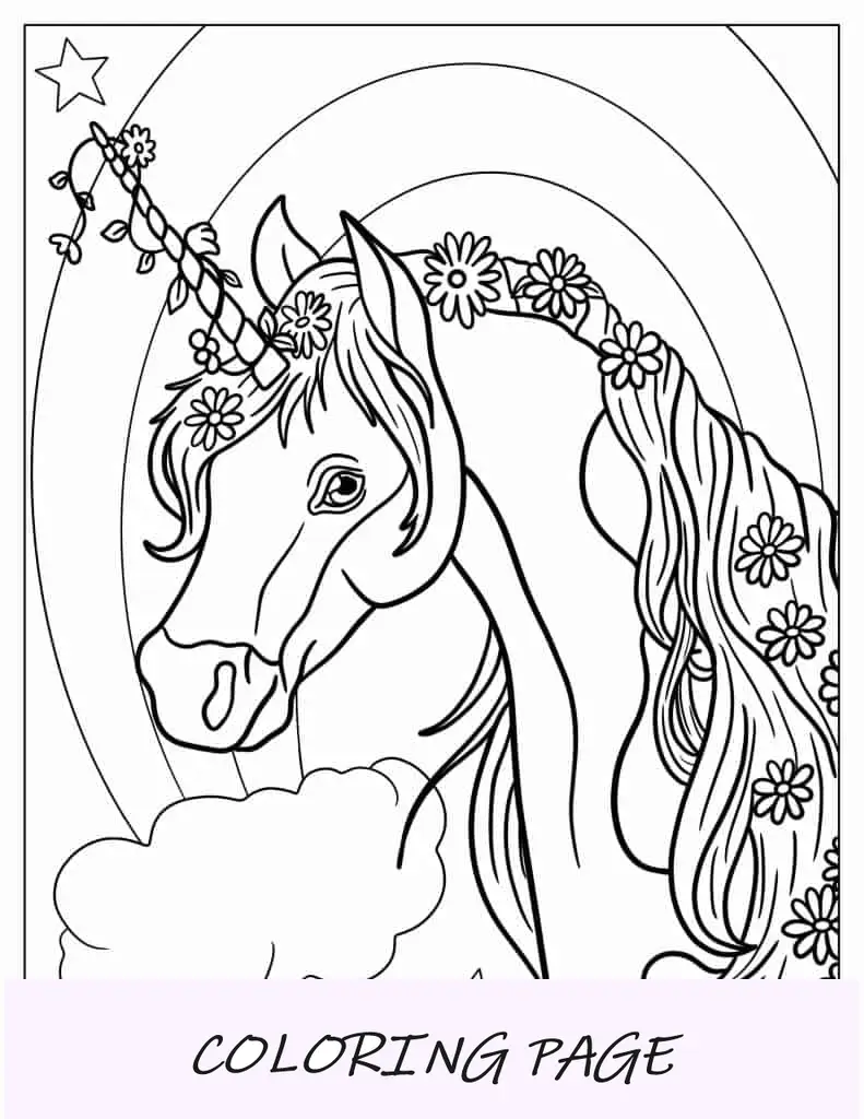 Unicórnio com flores na crina para colorir