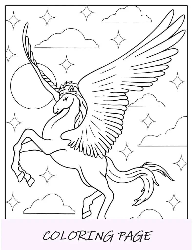 Página para colorir de unicórnio alado mágico voador