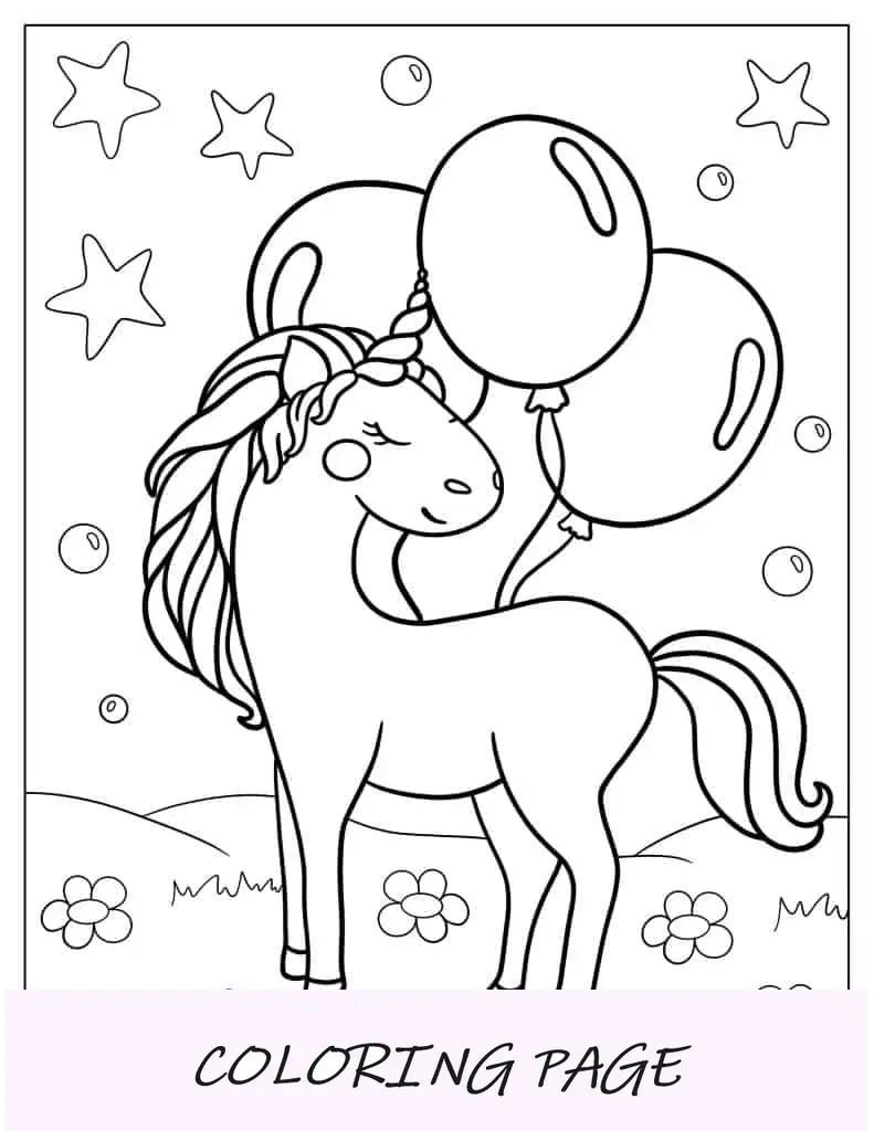 Unicórnio com balões de festa para colorir