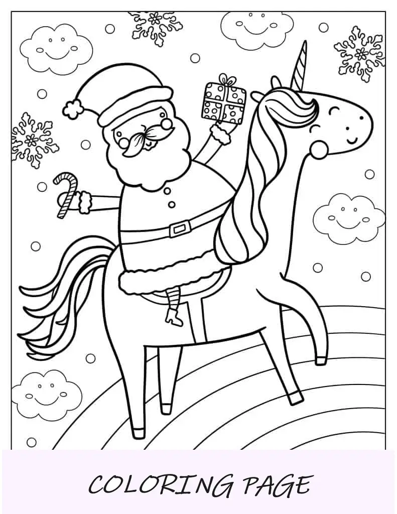 Unicórnio com Papai Noel, flocos de neve e bastão de doces