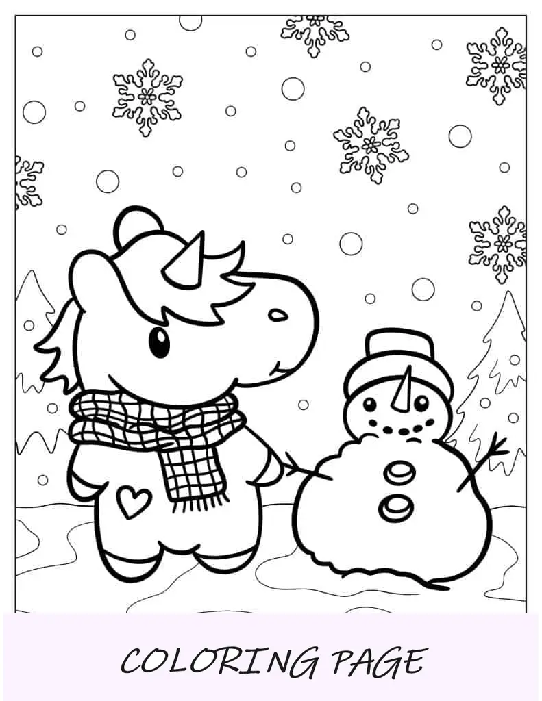 Unicórnio fofo de mãos dadas com boneco de neve