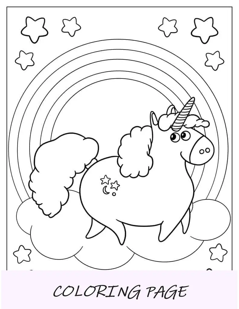 Unicórnio com cauda fofa em arco-íris para colorir