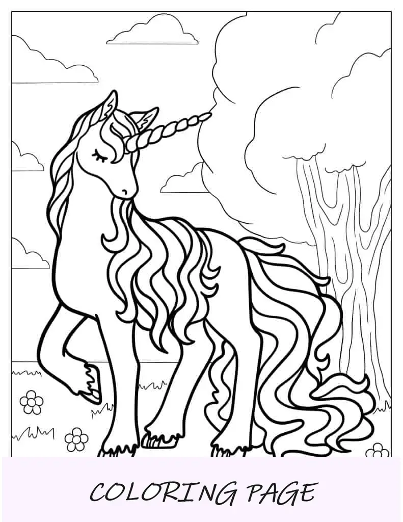 Unicórnio com grande chifre espiral para colorir
