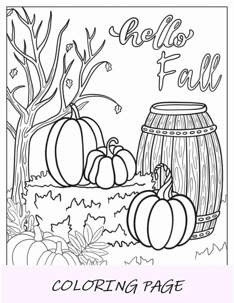Paisaje otoñal de calabazas y barril de madera.