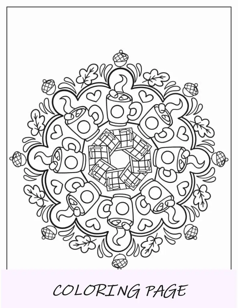 Mandala de otoño kawaii con bebidas calientes, hojas y bellotas