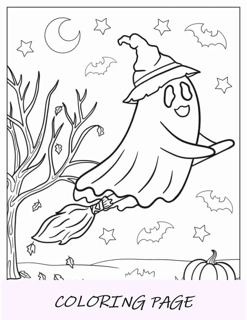 Fantasma de Halloween en una escoba en otoño para colorear