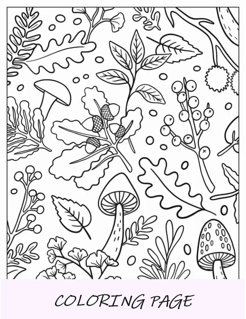 Página completa de hojas de otoño y setas para colorear