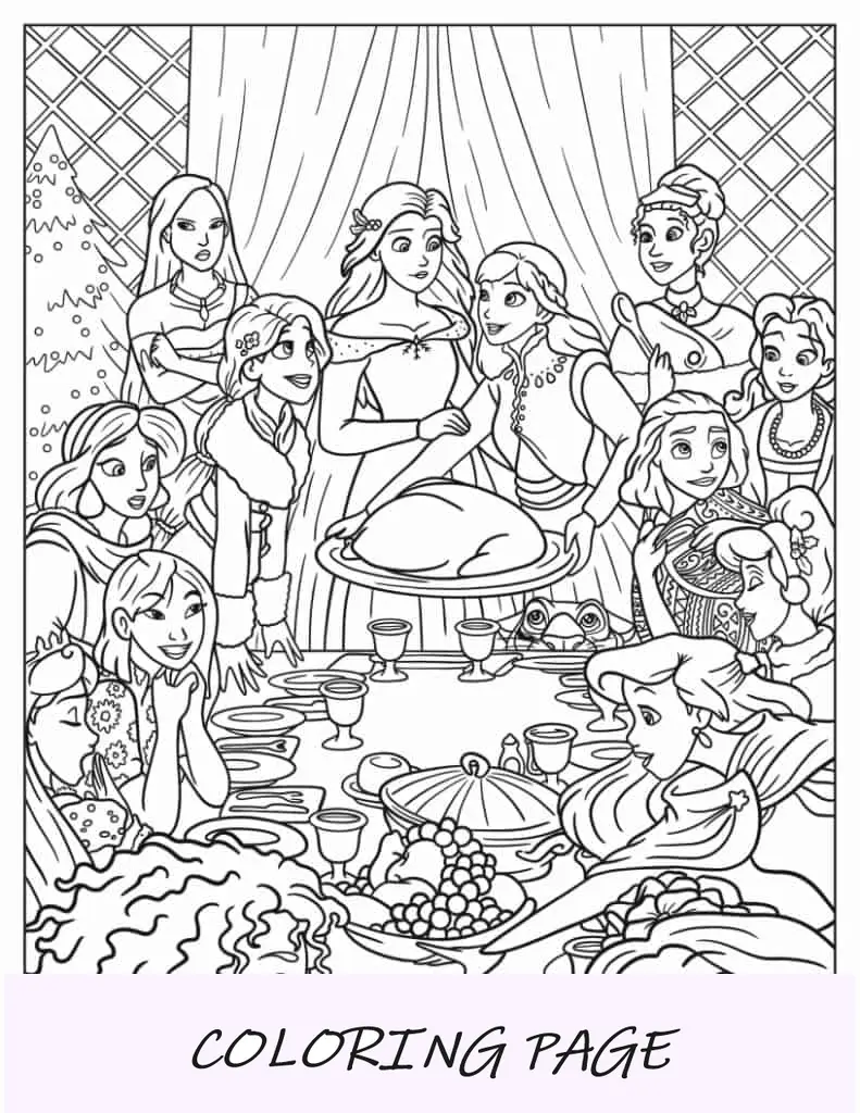 Princesas Disney Celebrando El Día De Acción De Gracias Para Colorear