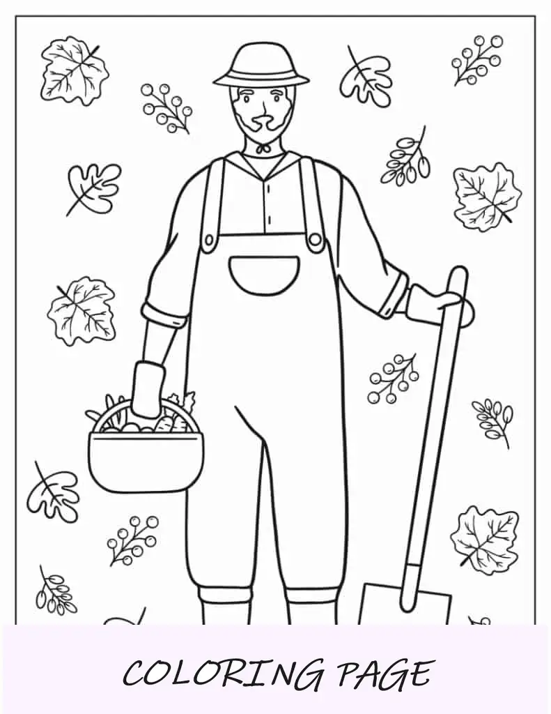 Página para colorear de un hombre sosteniendo una cesta de verduras y una pala en otoño