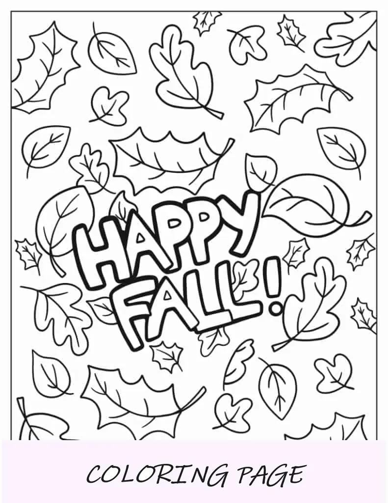 Hoja para colorear de palabras felices de otoño en medio de hojas de otoño