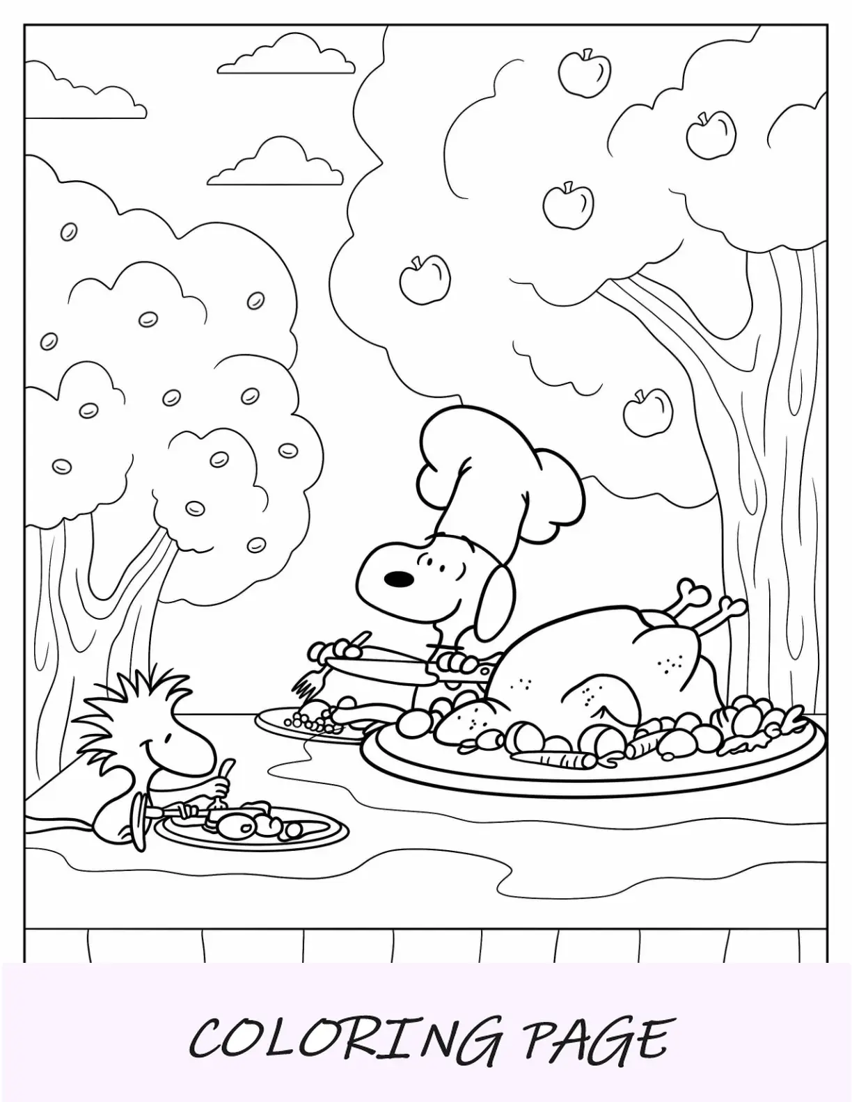 Página para colorear de otoño de Snoopy y Woodstock comiendo pavo de Acción de Gracias al aire libre