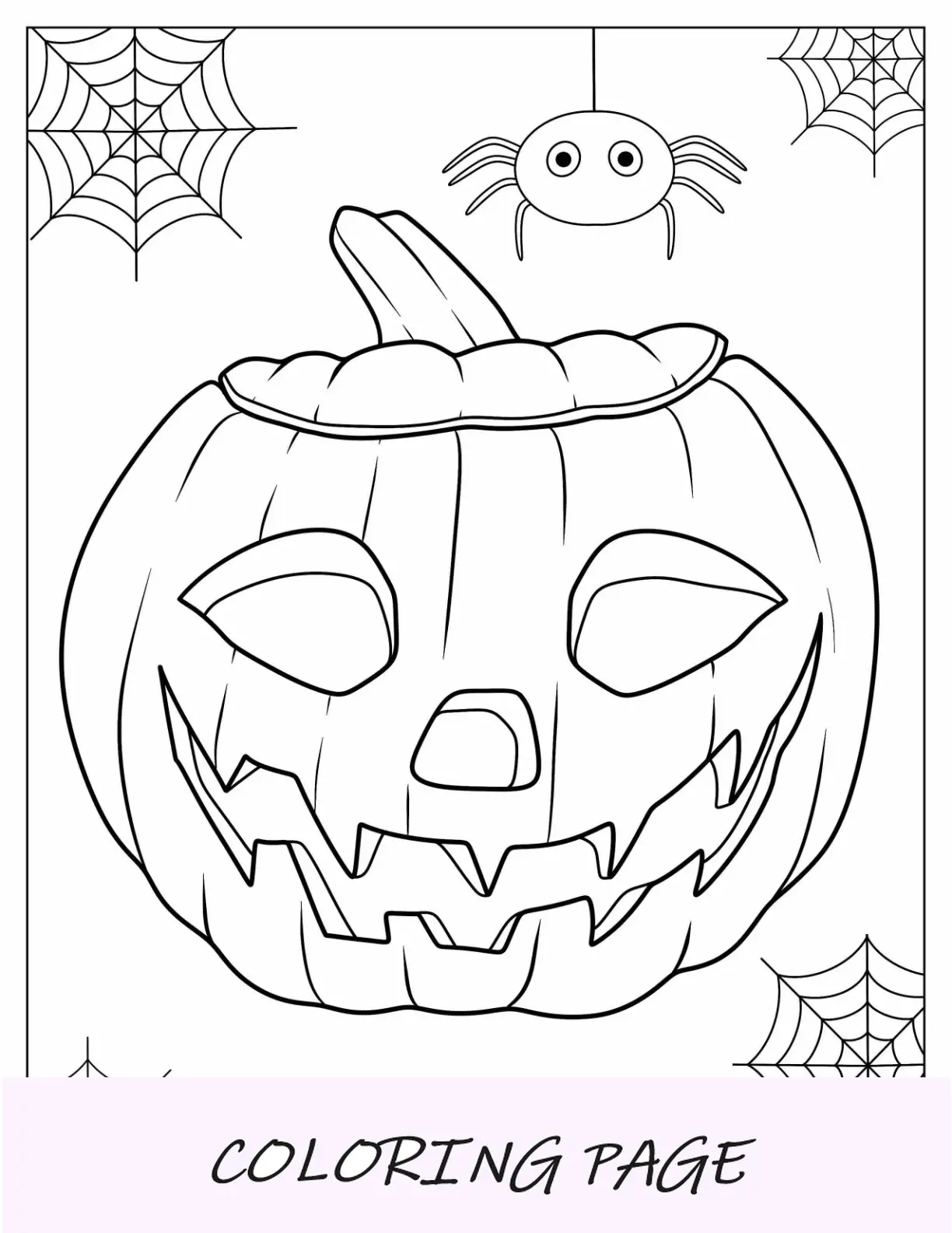 Página para colorear de otoño de Jack O Lantern sonriente con una araña en la parte superior